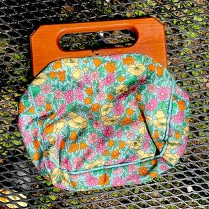 1960’s Vintage Bermuda Bag Purse Floral Flower Pattern Wood Handle cottage core